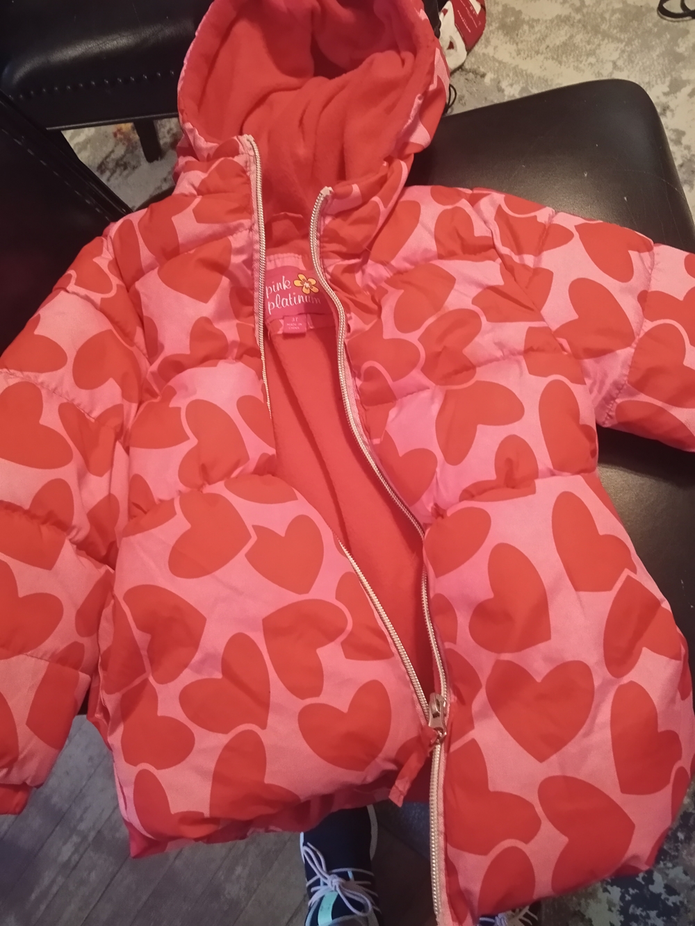 Pink Platinum Girls' Pink & Red Heart Puffer Jacket